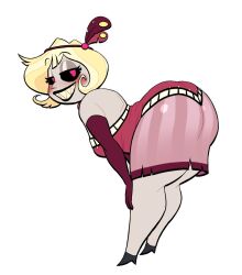 ass bare_shoulders bent_over black_footwear black_sclera blonde_hair blush breasts clothing colored_sclera colored_skin demon demon_girl dress elbow_gloves eyeshadow female full_body gloves grey_skin grin hair_ornament half-closed_eyes hands_on_own_knees hazbin_hotel hooves huge_ass large_breasts looking_at_viewer looking_back lovetopullmicke mimzy_(hazbin_hotel) monster_girl no_feet pink_eyes pose red_dress red_gloves sharp_teeth short_hair shortstack simple_background sinner sinner_demon smile solo striped_dress teeth thick_thighs thighs transparent_background white_background