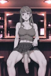ai_generated bar bar_counter black_and_white breasts futanari hanging_balls hanging_penis long_penis nipples sitting skirt spread_legs testicles undershirt