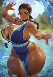 ai_generated areola_slip areolae avatar_the_last_airbender blue_eyes breasts breasts_bigger_than_head breasts_bigger_than_torso brown_hair brown_skin brown_skinned_female curvy curvy_body curvy_female curvy_figure curvy_hips curvy_thighs dark-skinned_female exaggerated_anatomy exaggerated_proportions female female_focus female_only gigantic_ass gigantic_breasts gigantic_thighs hair_loopies huge_breasts katara olive_skin oppaipriest solo solo_female solo_focus thick_thighs voluptuous voluptuous_female waterbending wide_hips