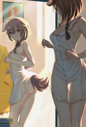 1girls animal_ears ass bottomless brown_hair dog_ears dog_girl dog_tail hazel_eyes hololive hololive_gamers hololive_japan inugami_korone kemonomimi lifting_skirt mirror night_gown solo tail terebi_(shimizu1996) virtual_youtuber