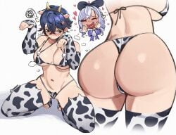 2girls animal_ears animal_print ass belle_(zenless_zone_zero) bikini blue_hair blush breasts cow_ears cow_horns cow_print cow_print_bikini cow_print_gloves cow_print_thighhighs crossed_bangs earrings elbow_gloves fake_horns female female_only fingerless_gloves gloves green_eyes hair_between_eyes hair_ornament heart horns jewelry large_breasts letter_hair_ornament multiple_girls multiple_views open_mouth print_bikini print_gloves print_thighhighs samma9 short_hair squatting squiggle swimsuit thighhighs toeless_legwear vivian_banshee yuri zenless_zone_zero