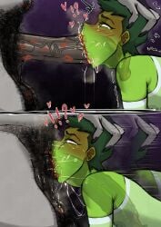 1boy 1futa about_to_burst about_to_cum all_the_way_to_the_base balls balls_deep beast_boy blowjob blowjob_face breasts chubby_futa dark_penis dc dc_comics deepthroat dittochad femboy futa_is_bigger futa_on_femboy futa_on_male futanari grabbing_head green_hair green_skin grey_skin hairy hairy_balls hearts_around_head held_up holding_balls holding_head huge_ass huge_balls huge_breasts huge_cock intersex kiss_mark kiss_marks_on_penis licking_penis lipstick long_penis male nail_polish nose_in_pubic_hair penis pubic_hair pubic_hair_on_face purple_hair raven_(dc) sucking_penis teen_titans text thick_thighs veiny_penis