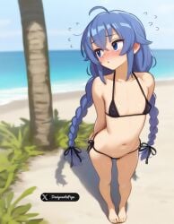 1girls 2d ai_assisted ai_generated anime anime_style beach bent_over black_bikini blue_eyes blue_hair blush braid braided_hair cameltoe closed_mouth clouds commission covered_nipples cute cute_expression cute_face cute_female cute_girl denigrantepepe feet feet_together female female_focus female_only hands_behind_back light-skinned_female light_skin long_hair looking_away micro_bikini mushoku_tensei mushoku_tensei:_isekai_ittara_honki_dasu nervous nipples_bulge ocean on_sand outdoors palm_tree petite petite_body petite_breasts petite_female petite_girl petite_tits roxy_migurdia sand sea shy sky small_breasts smaller_female solo solo_female solo_focus standing thin thin_female thin_waist toenails twitter_username water watermark