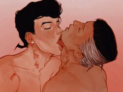 2boys blush bruise closed_eyes diamond_is_unbreakable earrings facing_another gay head_back hickey human human_only intimate jojo's_bizarre_adventure josuke_higashikata licking licking_neck male male/male male_on_male male_only neck_lick nude okuyasu_nijimura open_mouth pompadour realistic redtriplesix sweat tan tongue_out yaoi