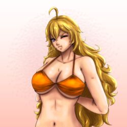 1girls bikini bikini_top blonde_female blonde_hair female long_hair long_hair_female pouting purple_eyes rwby sm-astral solo_female tied_bikini yang_xiao_long