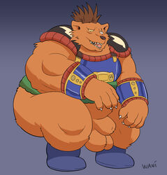 1boy 2021 absurd_res anthro armor balls bear_thief black_nose brown_body brown_fur dragon_ball fur genitals hi_res humanoid_hands male male_only mammal overweight overweight_anthro overweight_male penis scar solo solo_male teeth ursid wani_panic