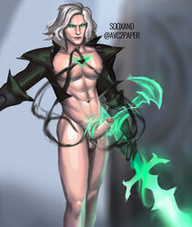 abs belly_button cum cumming fanart gloves green_eyes jacket league_of_legends looking_at_viewer male_only muscles muscular power solo solo_male sweat sword twink viego_(league_of_legends) white_hair