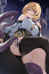 absurdres accessories aozora_1051 bare_shoulders black_thighhighs blonde_hair breasts button_gap cleavage cloud cloudy_sky commentary crossed_legs detached_sleeves english_commentary female from_below grin high-waist_shorts highres large_breasts looking_at_viewer mole mole_under_mouth monster_girl night night_sky outdoors purple_eyes scylla shirt shirt_tucked_in short_hair shorts single_thighhigh sitting sky slime_(substance) smile solo suction_cups tentacle tentacle_girl tentacle_tail thighhighs torn_clothes torn_thighhighs white_shirt white_sleeves yidhari_murphy zenless_zone_zero