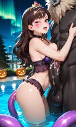 1girls ai_generated aurora big_penis bikini brown_eyes brown_hair brunette_female brunette_hair d.va dark-skinned_male female genshin_impact gigantic_penis halloween halloween_costume halloween_theme hilichurls_(species) lingerie long_hair male night night_sky outdoors overwatch penis pool poolside princess size_difference stockings tentacle tiara water wavy_hair