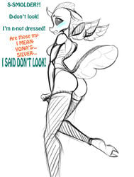 anthro anthrofied arthropod ass blue_blush blush breasts changeling clothed clothing dialogue embarrassed english_text female friendship_is_magic hasbro hi_res jrvanesbroek legwear looking_back monochrome my_little_pony ocellus_(mlp) restricted_palette side_boob skinny slim solo stockings text thigh_highs