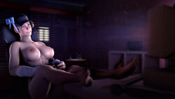 big_breasts feet_on_table femfortress femscout gaming_chair happy leaning_back naked night playing_videogame solo_female source_filmmaker team_fortress_2 video_games