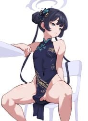 absurdres aka_pochii arm_at_side arm_on_table bare_legs black_hair blue_archive blue_dress blue_eyes breasts butterfly_hair_ornament chair china_dress chinese_clothes closed_mouth clothes_lift commentary covered_navel dragon_print dress english_commentary feet_out_of_frame female grey_halo groin hair_bun hair_ornament halo hand_up highres kisaki_(blue_archive) long_hair looking_ahead looking_to_the_side no_panties on_chair pelvic_curtain pelvic_curtain_lift print_dress pussy simple_background single_side_bun sitting sleeveless sleeveless_dress small_breasts solo spread_legs table twintails uncensored very_long_hair white_background