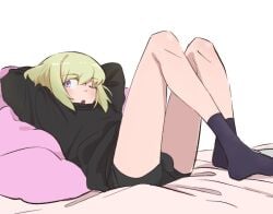 1boy androgynous aus_vaka blush bob_cut bulge bulge_through_clothing bulge_under_clothes clothed clothing femboy femboy_only hoodie lio_fotia male on_bed petite petite_body petite_male promare questionable short_hair slim slim_male slim_waist socks solo source_request suggestive_pose twink