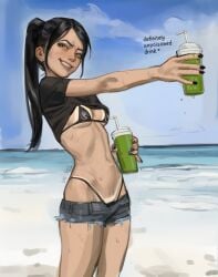1girls beach bikini bikini_bottom bikini_tan bikini_top black_hair black_nails crop_top cute cute_face digital_drawing_(artwork) digital_media_(artwork) female female_focus female_only green_eyes human jessica_(star_stable) krautvan micro_bikini no_ai partially_clothed partially_clothed_female short_shorts shorts skinny skinny_female star_stable sweat sweatdrop sweating sweaty sweaty_body tagme tanline tanlines unbuttoned_pants vankraut