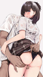 1boy ass ass_grab bangs black_bra black_hair black_panties blue_eyes blush bottomless bra breast_press brown_skirt censored dark-skinned_male dark_skin eyebrows_visible_through_hair female highres looking_back medium_hair mosaic_censoring open_mouth original panties penis see-through see-through_clothing shirt shirt_tucked_in short_sleeves simple_background skirt skirt_lift standing straight thigh_sex transparent_clothing underwear wedgie wet_clothes white_background white_shirt yamaishi_(mukoubuti)