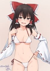 alternate_costume bikini black_eyes black_hair bow breasts collarbone commentary_request cowboy_shot detached_sleeves female frilled_hair_tubes frills grey_background hair_between_eyes hair_tubes hairbow hakurei_reimu hand_on_own_hip highres long_hair long_sleeves looking_at_viewer medium_breasts miyo_(ranthath) navel open_mouth red_bow red_ribbon reimu_hakurei ribbon ribbon-trimmed_sleeves ribbon_trim signature simple_background solo stomach strap_pull sweat swimsuit touhou twitter_username white_bikini wide_sleeves