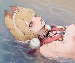 1girls absurdres alice_thymefield alice_thymefield_(sea_of_thyme) animal_ears blonde_hair blood blud_spine breasts commentary_request corpse cum cum_on_body cum_on_hair death decapitation facial female female_death gore guro highres korean_commentary long_hair lying nipples official_alternate_costume on_back open_mouth orange_eyes rabbit_ears rabbit_girl solo upper_body water zenless_zone_zero