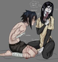 2boys anime anime_style bandages blood blood_drip boner_in_pants boner_under_clothes cuts cuts_on_thighs cutting drooling dubious_consent erection erection_under_clothes evil_grin fully_clothed gray_background grey_background kneeling kunai licking_blade licking_blood long_hair long_tongue male male_focus male_only naruto naruto_(series) naruto_shippuden on_knees orochimaru plain_background rendered sadism sasuke_uchiha scars scars_on_arm scars_on_thighs self_harm self_harm_scars self_upload shirtless shirtless_male shorts side_view simple_background speech speech_bubble submissive_male tearing_up tights tongue toxxnyaa uchiha_sasuke white_body wounds