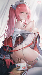 1boy absurdres azur_lane breasts breasts_out commentary_request cross_hair_ornament cum cum_in_pussy dark-skinned_male female finger_to_mouth glassjill gloves hair_ornament half_gloves hanging_breasts hat heart heart-shaped_pupils highres id_card interracial lanyard light-skinned_female medium_breasts nipples nurse nurse_cap overflow perseus_(azur_lane) perseus_(nursery_service_time)_(azur_lane) pink_eyes pink_gloves pink_hair reverse_cowgirl_position sex straddling straight symbol-shaped_pupils syringe thighhighs twintails vaginal_penetration white_headwear white_legwear