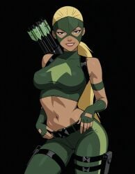 1girls ai_generated archer arrow_(projectile) artemis_(dc) artemis_crock bare_shoulders belt big_breasts black_background black_belt blonde_female blonde_hair breasts contrapposto dc dc_comics female_only female_solo fingerless_gloves gloves green_gloves green_mask green_pants green_shirt grey_eyes grin half-closed_eyes heroine holster lips lipstick long_hair looking_at_viewer makeup mask midriff naughty_face navel neck pants parted_lips pink_lipstick ponytail quiver sghero1234 shirt simple_background sleeveless sleeveless_shirt sleeveless_turtleneck smile solo_female standing straight_hair superhero_costume superheroine tied_hair turtleneck turtleneck_shirt very_long_hair young_justice