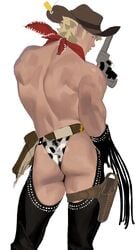 1boy ass ass_focus assless_chaps bandana bara blonde_hair cow_print cow_print_thong cowboy cowboy_hat cowboy_outfit facing_away firearm garter gloves gun handgun holster horikwawataru leg_garter looking_at_viewer looking_back male_only muscular muscular_male original posing revolver solo_male thong toned toned_male weapon