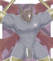 abs anthro arms_tied biceps big_biceps bound cyberdramon digimon digimon_(species) eyeless genitals grey_body hi_res horn legs_tied male male_only mask merong muscular muscular_anthro muscular_male nipples pecs penis scalie smile solo spread_wings teeth vein veiny_penis wings