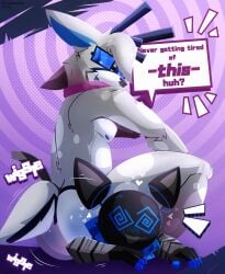 abstract_background anthro anthro_on_anthro ass big_butt black_body black_fur black_nose blue_body blue_eyes blue_eyewear blue_fur blue_glasses blue_inner_ear blue_nipples blue_pupils blush breath bubble_butt deer dialogue domestic_cat duo english_text eyewear felid feline felis floating_ears fur glasses grey_body grey_fur grey_hair hair heart_symbol hi_res looking_back looking_down lying machine male male/male male_on_top mammal nipples nude on_front on_top open_mouth pupils purple_scarf robot scarf skweekers smile speech_bubble spiral spiral_background spiral_eyes spot_(skweekers) text white_body white_fur