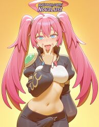 1futa 2025 ai_generated artist_name blue_eyes blush bulge erection_under_clothes futanari gradient gradient_background hi_res high_quality high_resolution highres intersex juliet_sleeves long_hair long_sleeves milim_nava naughty_face navel novalust open_mouth patreon patreon_username pink_hair puffy_long_sleeves puffy_sleeves solo stable_diffusion tensei_shitara_slime_datta_ken tongue tongue_out twintails watermark yellow_background