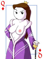 breasts breasts_out brown_hair card casual clothing crown female headwear human let_me_explain_studios neckwear no_mouth outerwear pale_skin playing_card queen_of_diamonds rebecca_parham robe scepter theeshrimp youtube youtuber