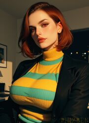 ai_art ai_generated alternate_universe auburn_hair bob_cut chara_(undertale) female female_focus female_only jacket phizben red_eyes striped_sweater undertale wide_hips