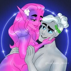 blue_eyes boyfriend-girlfriend breasts breasts_out daphne_(lore_olympus) flower flower_in_hair flowers laurel_wreath long_hair looking_at_partner lore_olympus man_bun nude nude_female nude_male nudity nymph pink_body pink_hair pink_skin pointy_ears silver_skin thanatos_(lore_olympus) white_hair wholesome