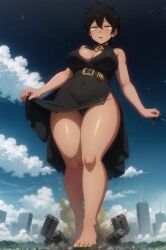 1girls ai_generated barefeet barefoot big_breasts black_dress black_hair black_hair_female breasts building buildings city clothed clothed_female clydestranger dark-skinned_female dark_skin destruction dress female female_focus female_only giantess hyper_giantess large_boobs large_breasts looking_down tomboy