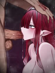 1boy baobhan_sith_(fate) blush breasts command_spell earrings fate/grand_order fate_(series) fellatio female fujimaru_ritsuka_(male) grey_eyes highres jewelry large_breasts long_hair male mcpc_zamurai oral penis pointy_ears red_hair single_earring
