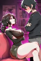 ai_generated andrew_graves ashley_graves big_breasts boner breasts brother_and_sister busty choker grin horny horny_female horny_male huge_breasts large_breasts motion_lines necklace pink_eyes ponytail semi_incest smug teasing the_coffin_of_andy_and_leyley tied_hair