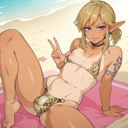 1boy ai_generated beach bikini blonde_hair blue_eyes bracelet bulge choker civitai colored_nails earring erikochan femboy leopard_print_bikini link makeup male more_at_source nipples pointy_ears self_upload solo spread_legs tanline tanned tattoo teasing the_legend_of_zelda uncensored