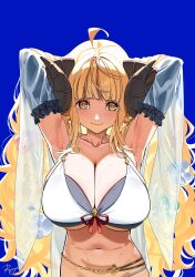 absurdres ahoge anila_(granblue_fantasy) anila_(summer)_(granblue_fantasy) armpits arms_up bikini blonde_hair breasts cleavage commentary detached_sleeves draph female granblue_fantasy highres horns huge_breasts long_hair looking_at_viewer navel official_alternate_costume ryoyu_(ryoyustarlight) sheep_horns short_eyebrows smile solo swimsuit thick_eyebrows very_long_hair white_bikini yellow_eyes