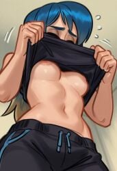 1futa ai_generated areola areolae bangs blonde_hair blue_hair breasts drawstring dutch_angle embarrassed eve_(summertime_saga) exposed_belly exposed_breasts exposed_midriff exposed_nipples eyebrows from_below futanari gradient_hair inside lifting_own_clothing lifting_shirt midriff motion_lines navel nervous obscured_eyes obscured_face perky_breasts pockets shirt_lift shy sleeveless sleeveless_shirt slim_waist small_breasts summertime_saga sweat sweatdrop sweatpants underboob undressing verynormalguy waist wolf_cut
