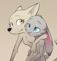 2018 anthro anthro_on_anthro arctic_fox black_nose blue_eyes breasts canid canine casual_nudity chest_tuft disney duo ears_down eyebrows eyelashes featureless_breasts female flat_chest fluffy fluffy_tail fox fur half-closed_eyes humanoid_hands inner_ear_fluff interspecies jack_savage lagomorph leporid long_ears looking_at_viewer looking_away male male/female mammal narrowed_eyes nude pink_nose pivoted_ears qrog rabbit romantic_couple short_tail simple_background skye_(zootopia) slim small_breasts smile social_nudity tan_background tan_body tan_fur tuft yellow_eyes zootopia