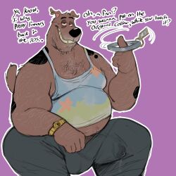 1boy aged_up anthro azathura barazoku belly big_belly big_bulge bodily_fluids body_hair brown_body brown_fur bulge canid canine canis chest_hair clock clothed clothing collar detailed_bulge domestic_dog ear_piercing ear_ring fur genital_fluids grey_hair hair hairy_male hanna-barbera hi_res male male_only mammal mature_male mottled mottled_body mottled_fur musclegut muscular obese obese_anthro obese_male overweight overweight_anthro overweight_male penis penis_outline penis_under_clothes piercing precum precum_through_clothing ring_piercing scooby-doo scooby-doo_(character) solo talking_to_viewer watch wet wet_clothing