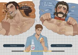 3boys bara barking beard blush brown_hair character_name collar cum cum_on_body cup dispatch_(game) donut doodlefish doodlefish75 english_commentary facial facial_hair flambae food gay highres holding holding_cup holding_food male male_focus male_only middle_finger multiple_boys multiple_males name_tag no_visible_genitalia paw_pose phenomaman robert_robertson smile speech_bubble sweat thought_bubble tongue tongue_out topless_male very_sweaty