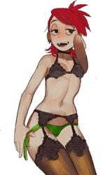 1girls cartoon_network cleavage female female_only foster's_home_for_imaginary_friends frankie_foster garter_straps green_eyes green_panties lingerie mossa pinup pose red_hair sketch small_breasts smile solo solo_female thighhighs white_background