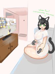 aiko_(noobart-ist) betting big_ass big_breasts black_hair blush breasts cat_ears cat_tail controller couch female game gamer_girl green_eyes green_panties living_room mario_kart mario_kart_8_deluxe nipples nipples_visible_through_clothing noobart-ist oc original_character panties short_hair sitting smiling thick_thighs wet_clothes wet_shirt yoshi