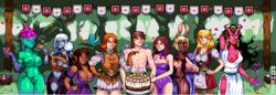 1boy 6+girls amber_(aurelia) anniversary aurelia_(game) aurelia_(mirthal) bare_shoulders birthday_cake blonde_hair brown_hair cake cleavage cowboy_shot crystal_(aurelia) curvaceous curvy dark-skinned_female dark_elf dark_skin demon_girl druid elf elf_female erza_(aurelia) facing_viewer female flower forest grass green_skin hand_on_hip hearts_around_head hourglass_figure human_female human_male ivy_(aurelia) janet_(aurelia) light-skinned_female light-skinned_male light_skin lily_(aurelia) long_pointy_ears looking_at_viewer luna_(aurelia) male merah_(aurelia) multiple_girls one_breast_out orange_hair orc orc_female outdoors pink_skin pixel_art plant_girl pointing_at_another rabbit_ears rohezk scarlet_(aurelia) shortstack slime_girl