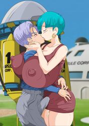 1boy 1girls ass_in_dress bulma_briefs clothing dragon_ball dragon_ball_z dripping dripping_pussy erection erection_under_clothes female french_kiss hoop_earrings huge_breasts incest kissing male milf mother_and_son shounen_jump tagme time_machine_(dragon_ball) toshiso trunks_briefs wet wet_pussy