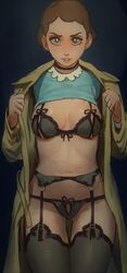 1girls cleavage coat flashing garter_belt garter_straps liane_cartman lingerie looking_at_viewer medium_breasts milf mossa open_clothes presenting short_hair solo south_park undressing