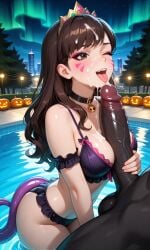 1girls ai_generated aurora big_penis bikini brown_eyes brown_hair brunette_female brunette_hair d.va dark-skinned_male female genshin_impact gigantic_penis halloween halloween_costume halloween_theme hilichurls_(species) lingerie long_hair male night night_sky outdoors overwatch penis pool poolside princess size_difference stockings tentacle tiara water wavy_hair