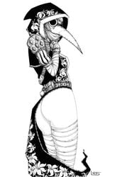 1girls ass bottomless dress line_art ltstry mask monochrome plague_doctor solo standing white_background