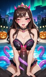 1girls ai_generated aurora big_penis bikini brown_eyes brown_hair brunette_female brunette_hair d.va dark-skinned_male female genshin_impact gigantic_penis halloween halloween_costume halloween_theme hilichurls_(species) lingerie long_hair male night night_sky outdoors overwatch penis pool poolside princess size_difference stockings tentacle tiara water wavy_hair