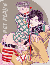 2boys black_hair blush bondage bone collar cum gag handjob haru_(artist) heart hickey jojo's_bizarre_adventure jojolion josefumi_kujo leash lipstick male maledom malesub no_underwear pantless penis pompadour short_hair tears yaoi yoshikage_kira_(jojolion)