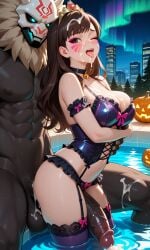 1girls ai_generated aurora big_penis bikini brown_eyes brown_hair brunette_female brunette_hair d.va dark-skinned_male female genshin_impact gigantic_penis halloween halloween_costume halloween_theme hilichurls_(species) lingerie long_hair male night night_sky outdoors overwatch penis pool poolside princess size_difference stockings tentacle tiara water wavy_hair